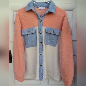 Pink Lily Colorblock Oversized Sherpa Jacket / Shacket With Collar Size Small